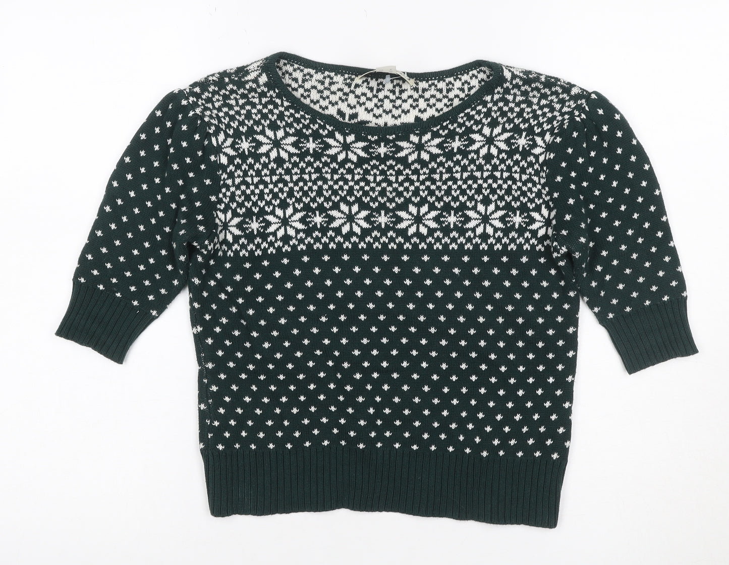 Collectif Women Green Fair Isle Christmas Jumper UK 10 Puff Sleeve