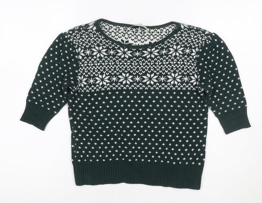Collectif Women Green Fair Isle Christmas Jumper UK 10 Puff Sleeve