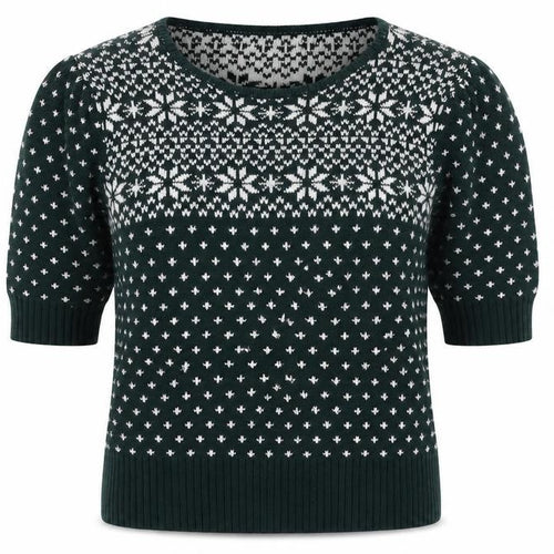 Collectif Women Green Fair Isle Christmas Jumper UK 10 Puff Sleeve