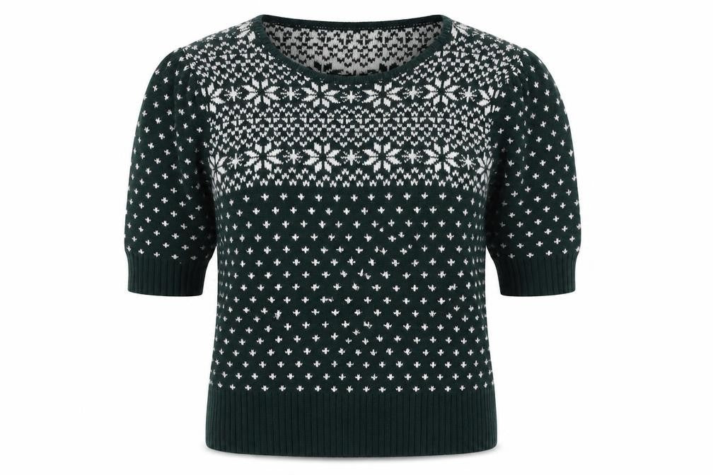 Collectif Women Green Fair Isle Christmas Jumper UK 10 Puff Sleeve