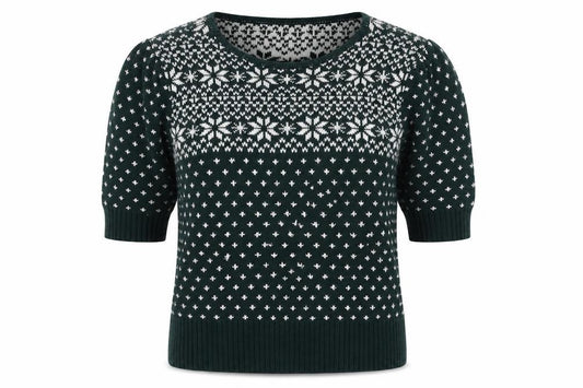 Front view of Collectif Women Green Fair Isle Christmas Jumper UK 10 Puff Sleeve