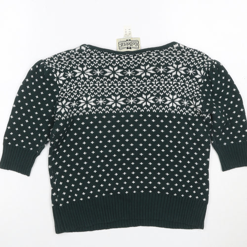 Collectif Women Green Fair Isle Christmas Jumper UK 10 Puff Sleeve
