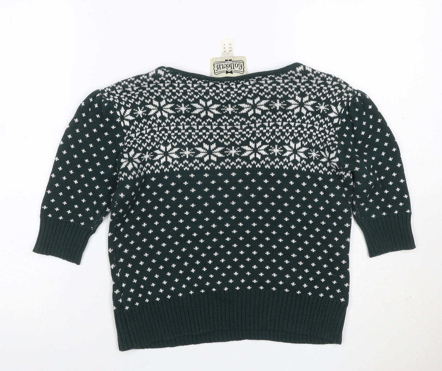 Collectif Women Green Fair Isle Christmas Jumper UK 10 Puff Sleeve