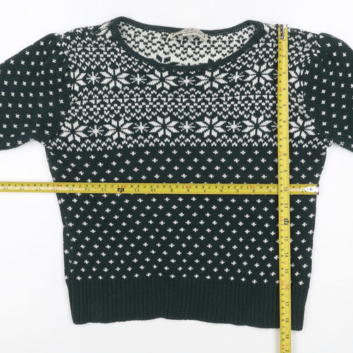 Collectif Women Green Fair Isle Christmas Jumper UK 10 Puff Sleeve
