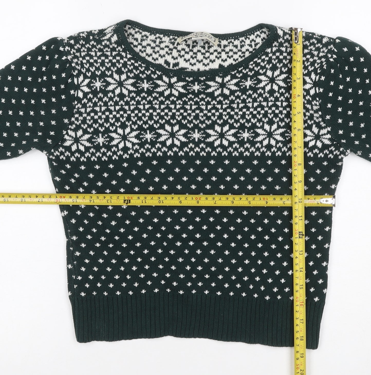 Collectif Women Green Fair Isle Christmas Jumper UK 10 Puff Sleeve