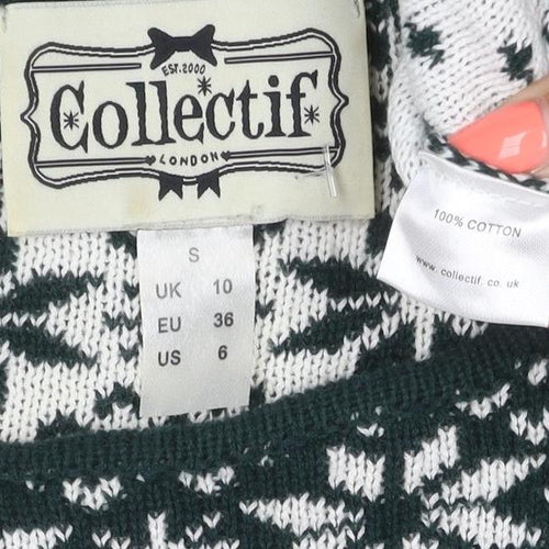 Collectif Women Green Fair Isle Christmas Jumper UK 10 Puff Sleeve