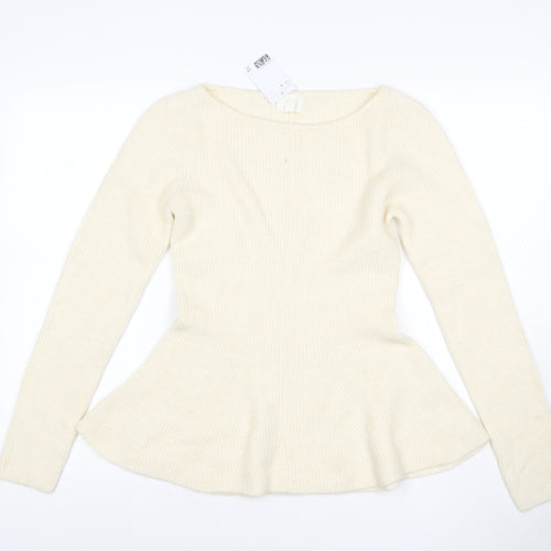 H&M Women Ivory M Ribbed Boat Neck Peplum Knit Jumper