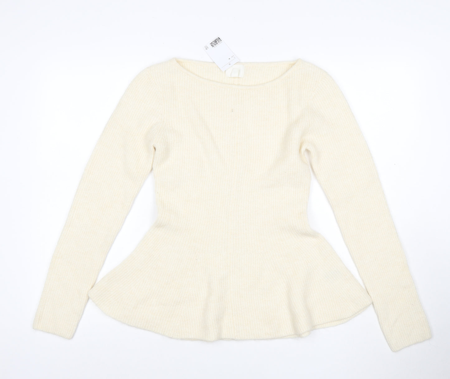 H&M Women Ivory M Ribbed Boat Neck Peplum Knit Jumper