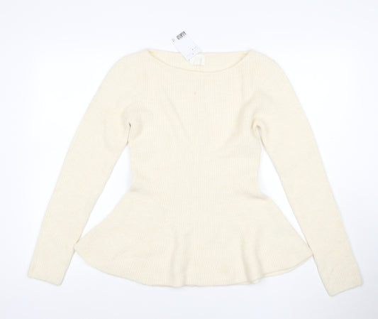 H&M Women Ivory M Ribbed Boat Neck Peplum Knit Jumper