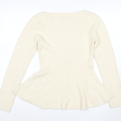 H&M Women Ivory M Ribbed Boat Neck Peplum Knit Jumper
