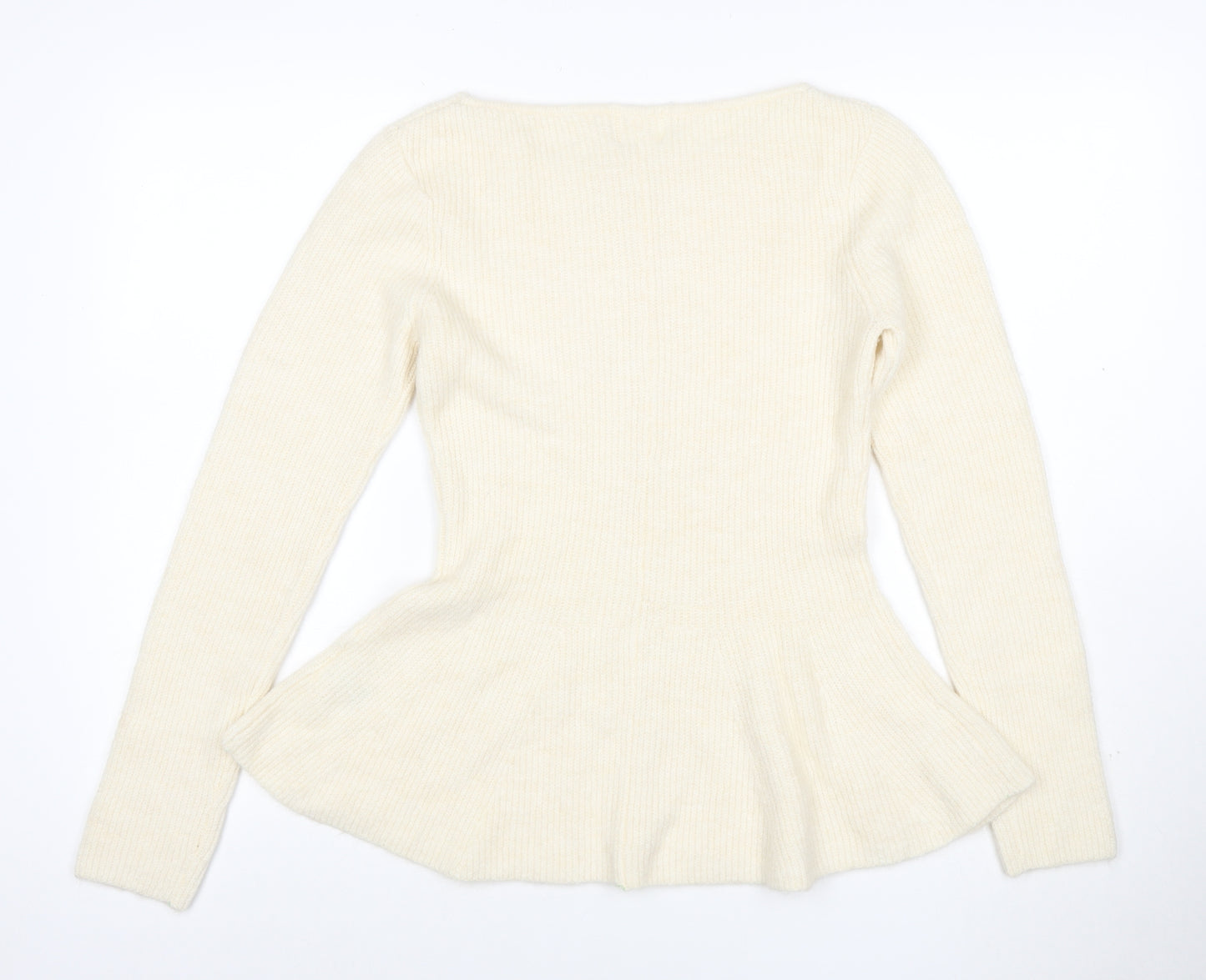 H&M Women Ivory M Ribbed Boat Neck Peplum Knit Jumper