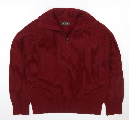 Loro Piana Women Red L Cashmere 1/4 Zip Roll Neck Rib Knit Jumper