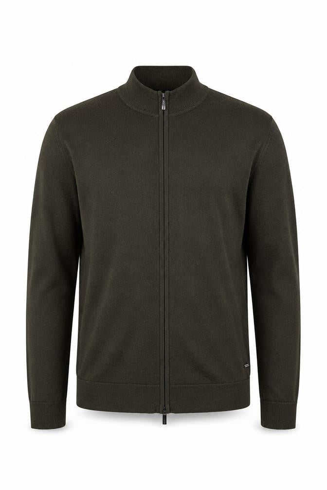 Front view of Strellson Men’s Green L Full Zip Cotton Knit Jumper High Neck