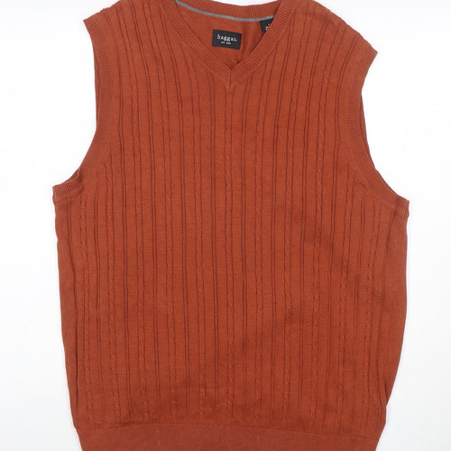 Haggar Men Orange L Cable Knit V-Neck Cotton Sleeveless Jumper Vest