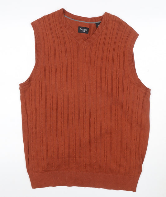 Haggar Men Orange L Cable Knit V-Neck Cotton Sleeveless Jumper Vest
