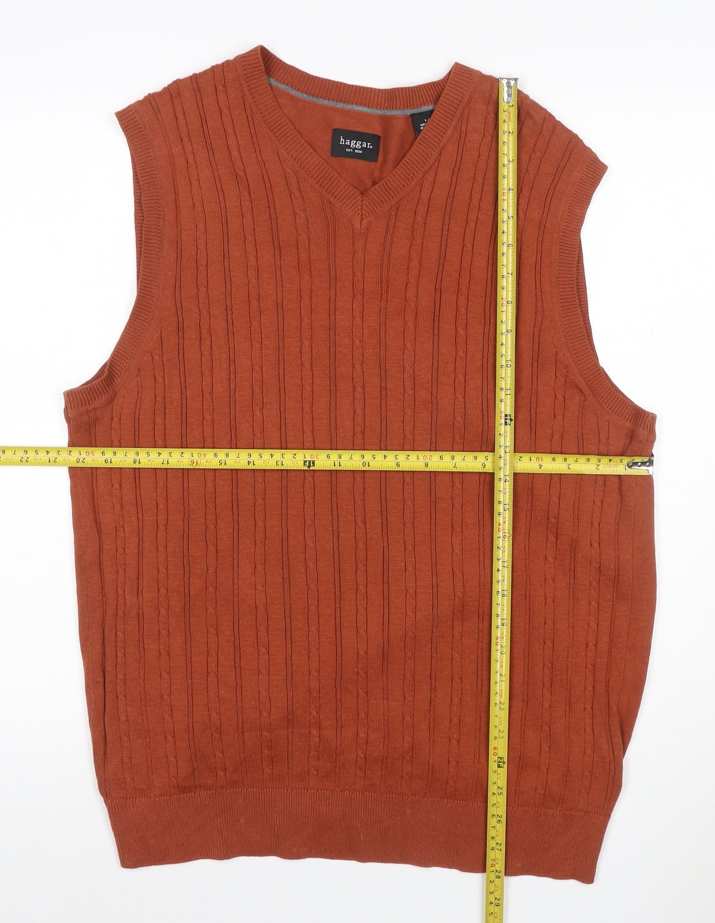 Haggar Men Orange L Cable Knit V-Neck Cotton Sleeveless Jumper Vest