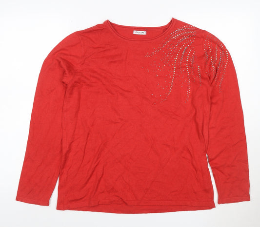Damart Women Red UK 14/16 Rhinestone Round Neck Long Sleeve Jumper