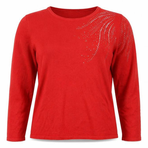 Damart Women Red UK 14/16 Rhinestone Round Neck Long Sleeve Jumper