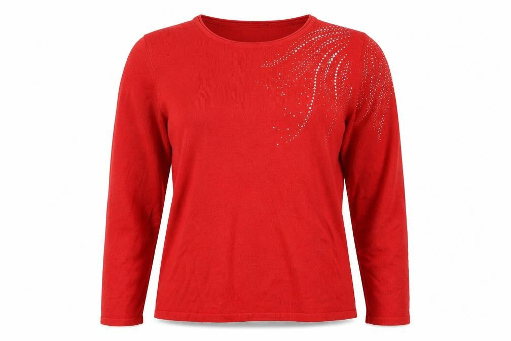 Damart Women Red UK 14/16 Rhinestone Round Neck Long Sleeve Jumper