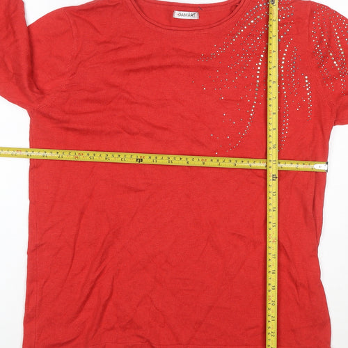 Damart Women Red UK 14/16 Rhinestone Round Neck Long Sleeve Jumper