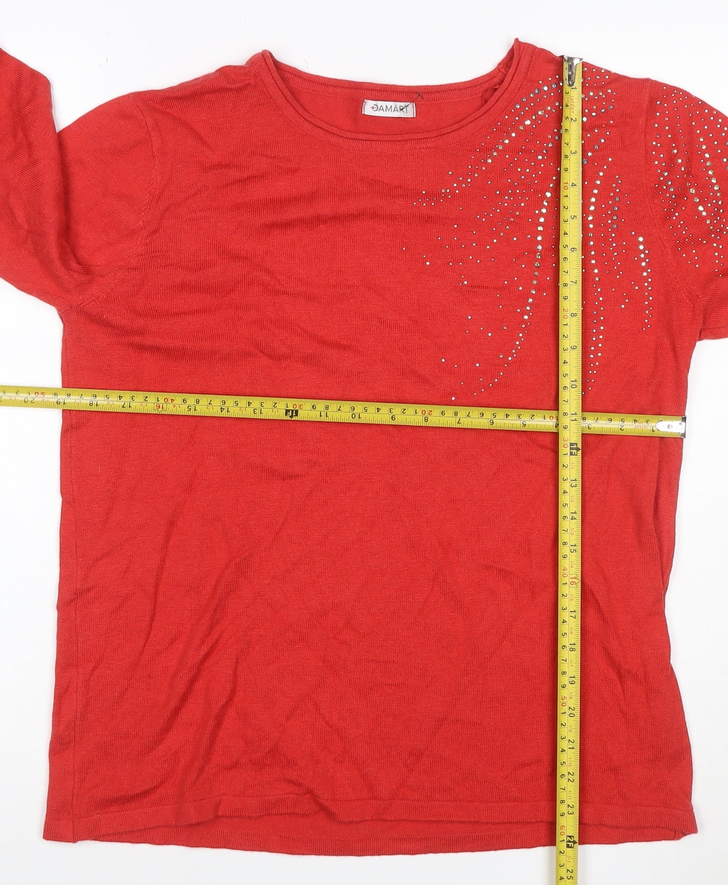 Damart Women Red UK 14/16 Rhinestone Round Neck Long Sleeve Jumper