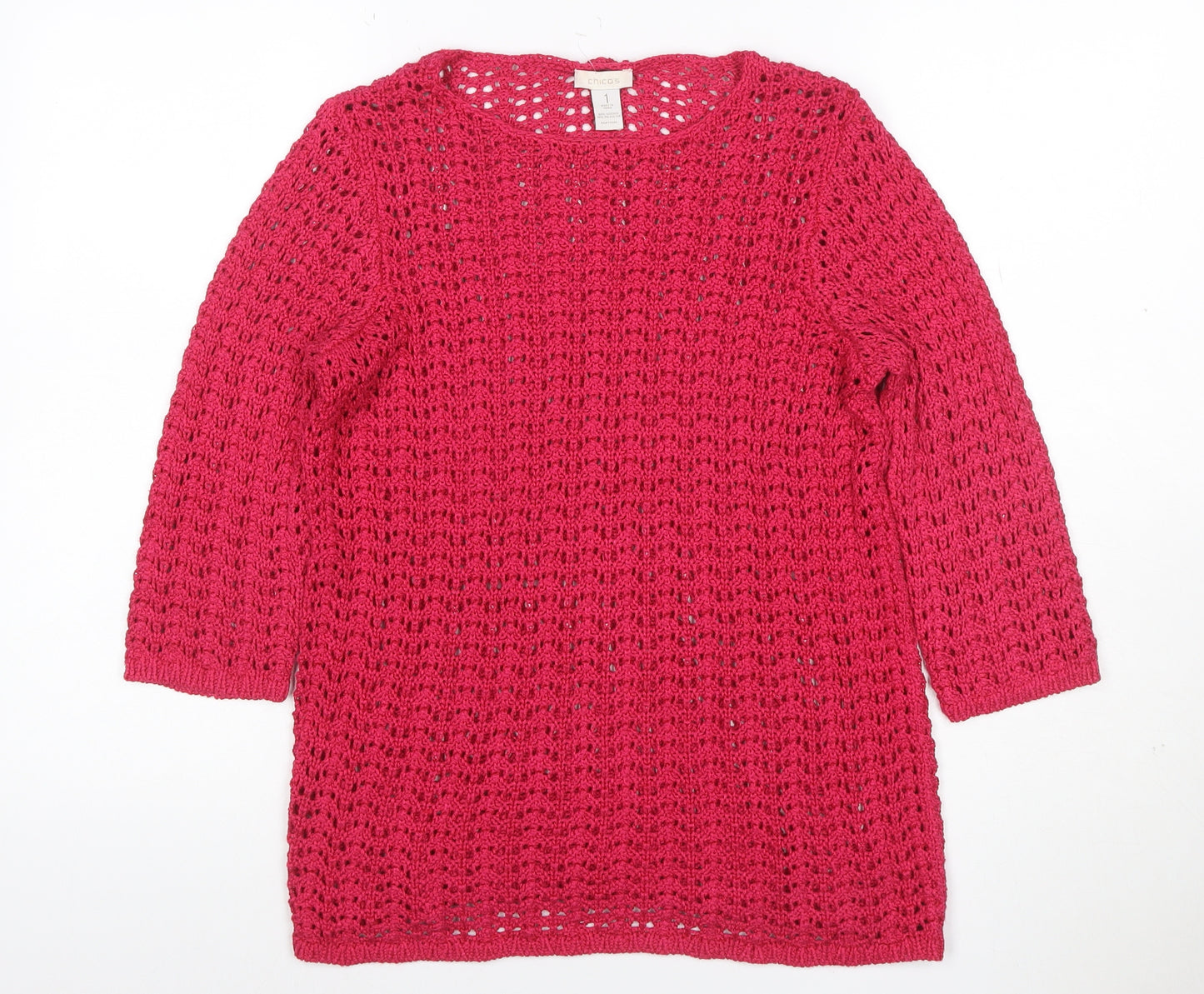 Chico's Women Pink UK 10 Open-Knit Long Sleeve Tunic Jumper
