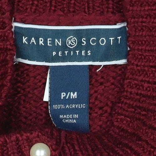 Karen Scott Women Red Petite M Cable Knit Mock Neck Henley Jumper