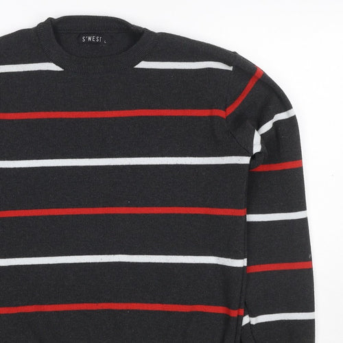 S'WEST Unisex Adults Black L Striped Crew Neck Knit Pullover Jumper