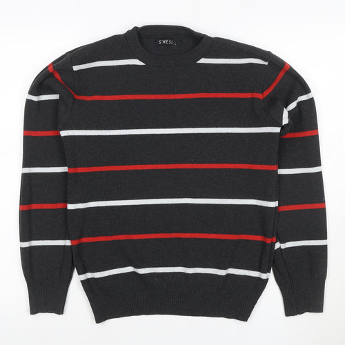 S'WEST Unisex Adults Black L Striped Crew Neck Knit Pullover Jumper