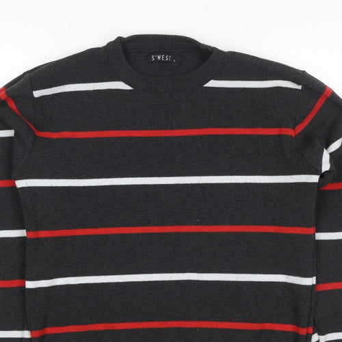 S'WEST Unisex Adults Black L Striped Crew Neck Knit Pullover Jumper