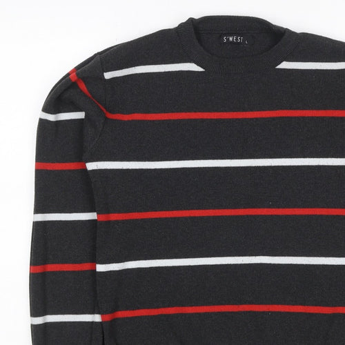 S'WEST Unisex Adults Black L Striped Crew Neck Knit Pullover Jumper