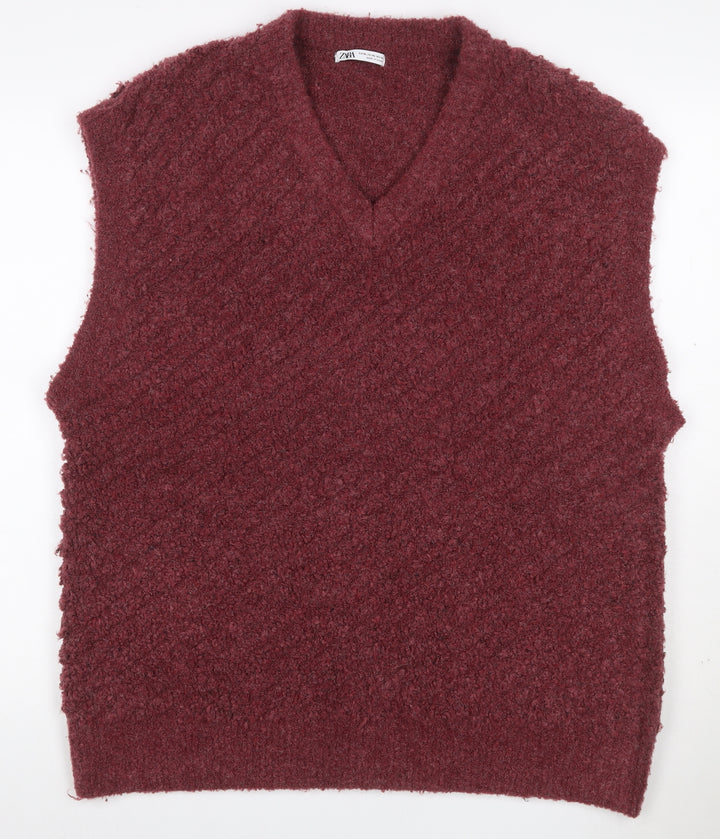 Zara Women Red UK 16 V-Neck Bouclé Knit Sleeveless Jumper Vest