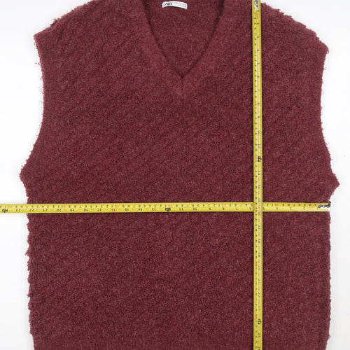 Zara Women Red UK 16 V-Neck Bouclé Knit Sleeveless Jumper Vest