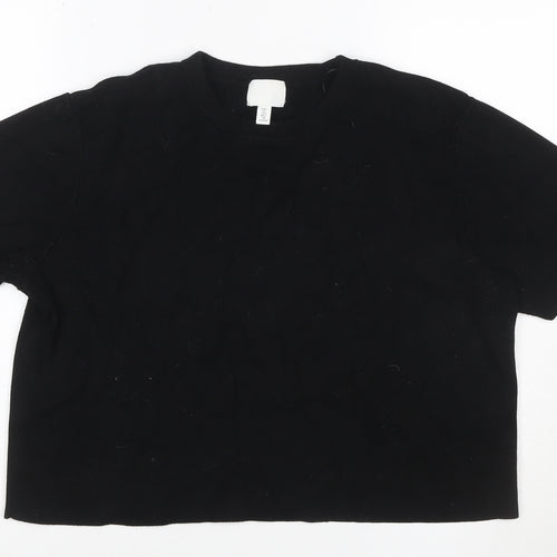 H&M Women Black L Slim Fit Rib Knit Crew Neck Short Sleeve T-Shirt