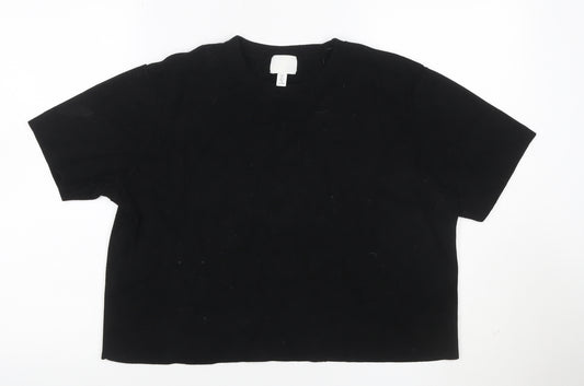 H&M Women Black L Slim Fit Rib Knit Crew Neck Short Sleeve T-Shirt