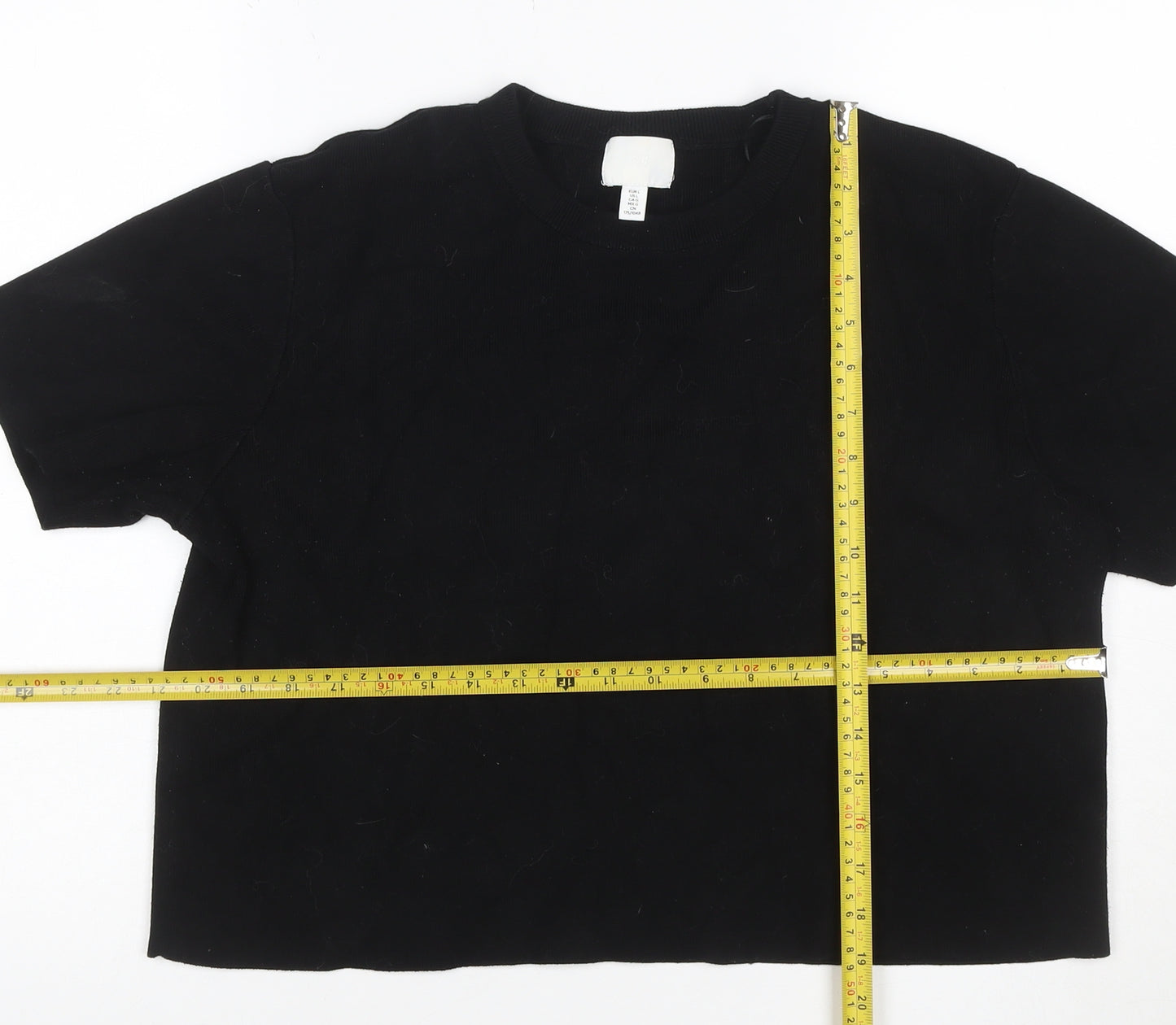 H&M Women Black L Slim Fit Rib Knit Crew Neck Short Sleeve T-Shirt