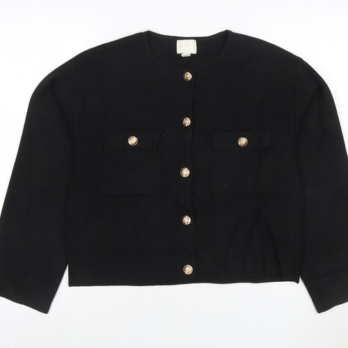 H&M Women Black M Gold Button Pocket Knit Cardigan Round Neck