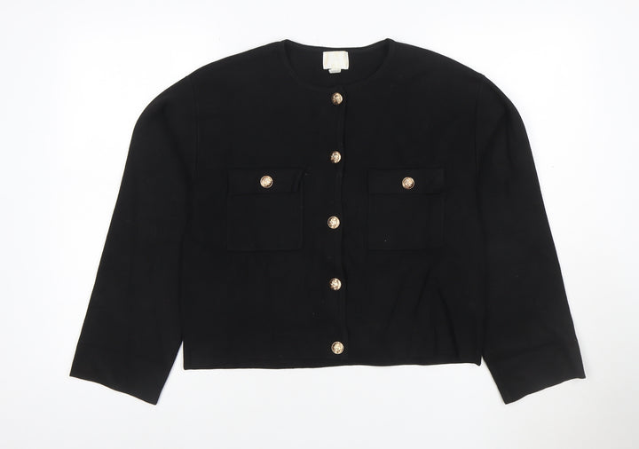 H&M Women Black M Gold Button Pocket Knit Cardigan Round Neck
