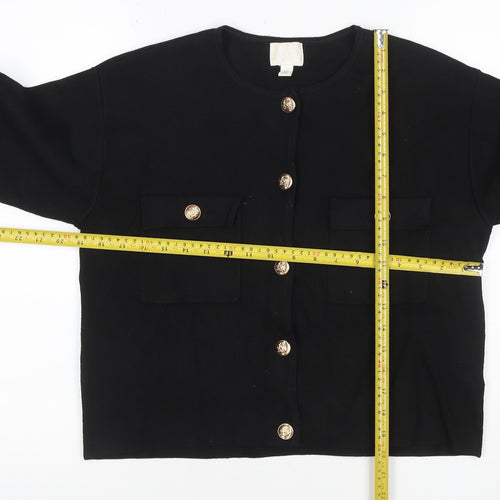 H&M Women Black M Gold Button Pocket Knit Cardigan Round Neck
