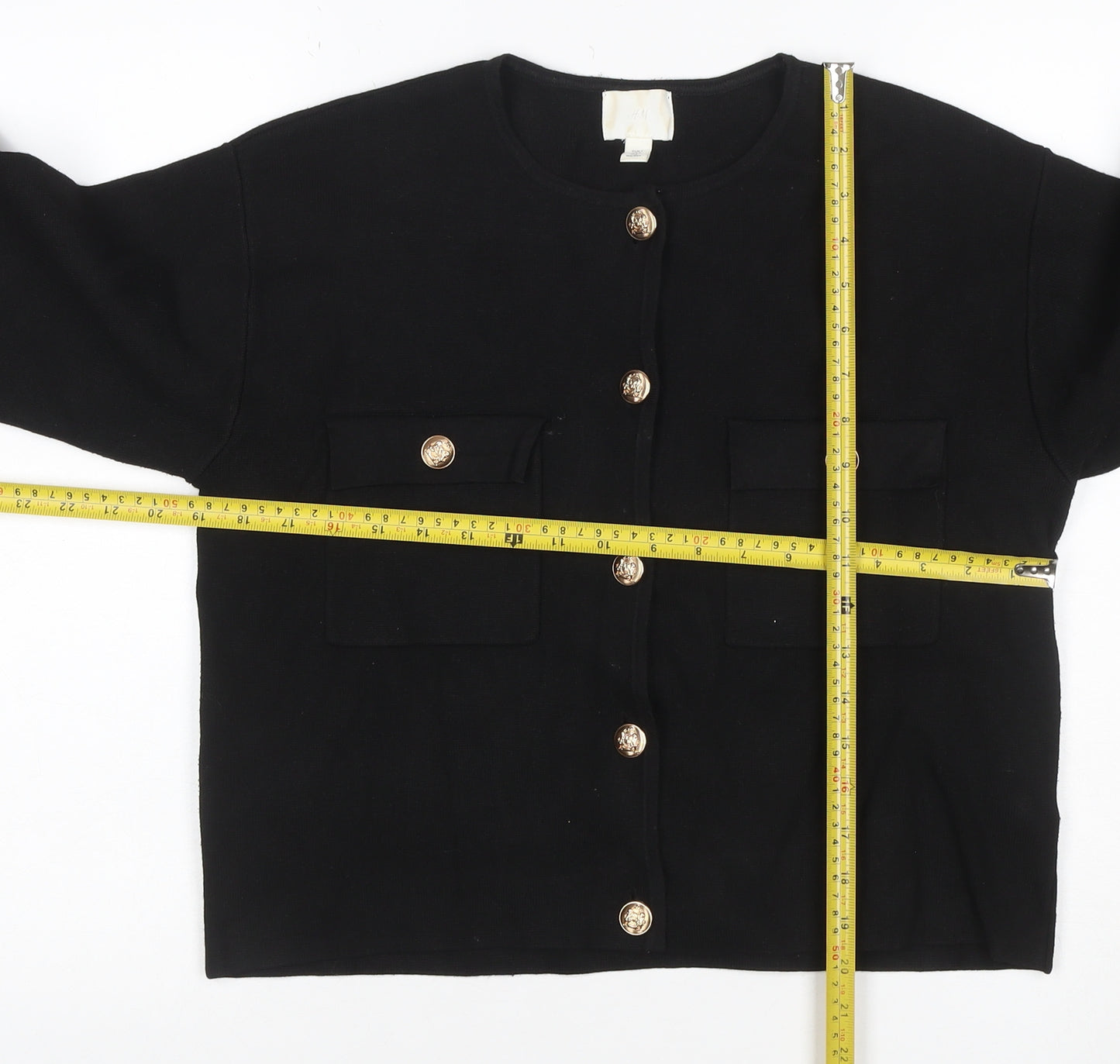 H&M Women Black M Gold Button Pocket Knit Cardigan Round Neck