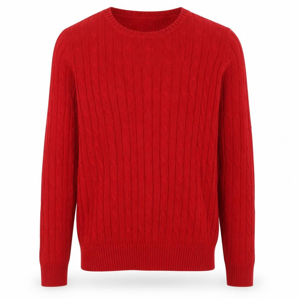 Front view of St. John's Bay Men’s Red L Cable Knit Crew Neck Cotton Jumper