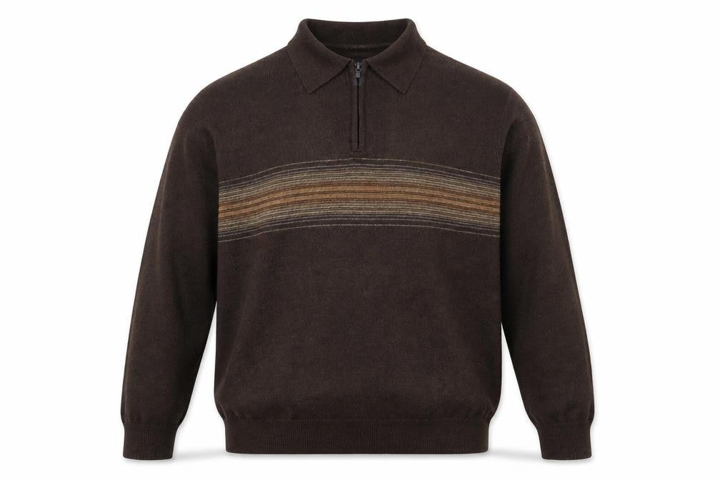 Front view of Dockers Men’s Brown XL 1/4 Zip Collared Striped Acrylic Jumper