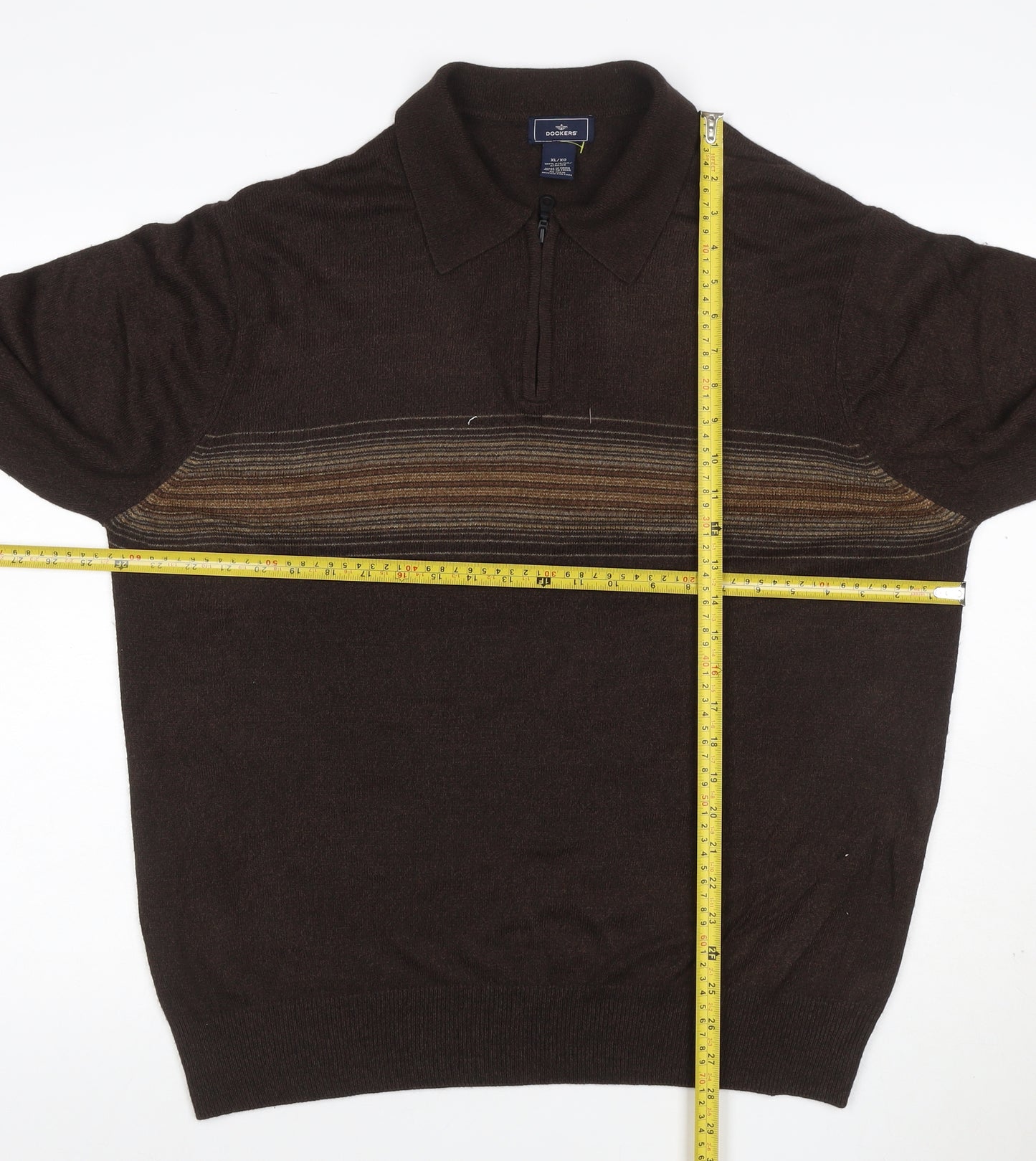 Dockers Men’s Brown XL 1/4 Zip Collared Striped Acrylic Jumper