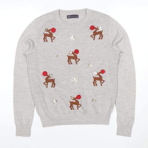 Marks and Spencer Women Grey UK 14 Christmas Reindeer Sequin Jumper