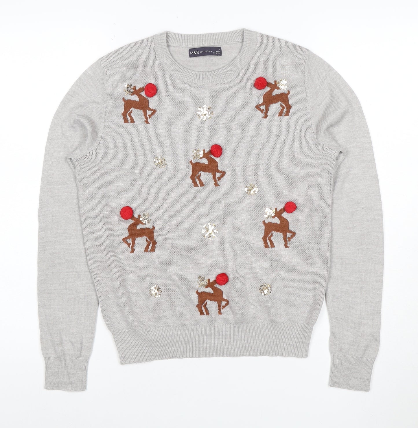 Marks and Spencer Women Grey UK 14 Christmas Reindeer Sequin Jumper