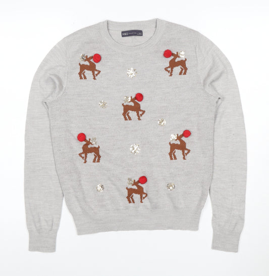 Marks and Spencer Women Grey UK 14 Christmas Reindeer Sequin Jumper