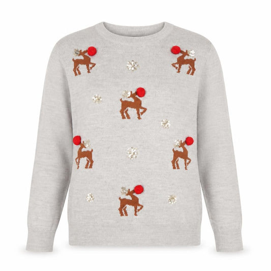 Front view of Marks & Spencer Women Grey UK 14 Christmas Reindeer Sequin Jumper