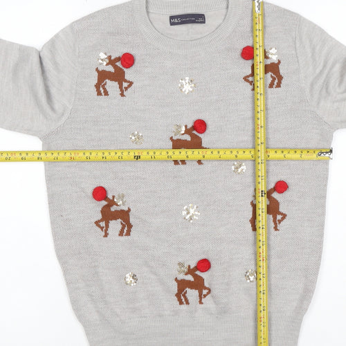 Marks and Spencer Women Grey UK 14 Christmas Reindeer Sequin Jumper