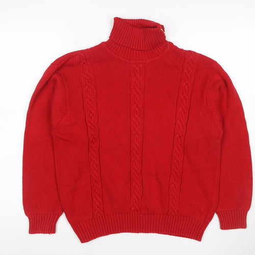Talbots Women Red Petite L Cable Knit Roll Neck Cotton Jumper