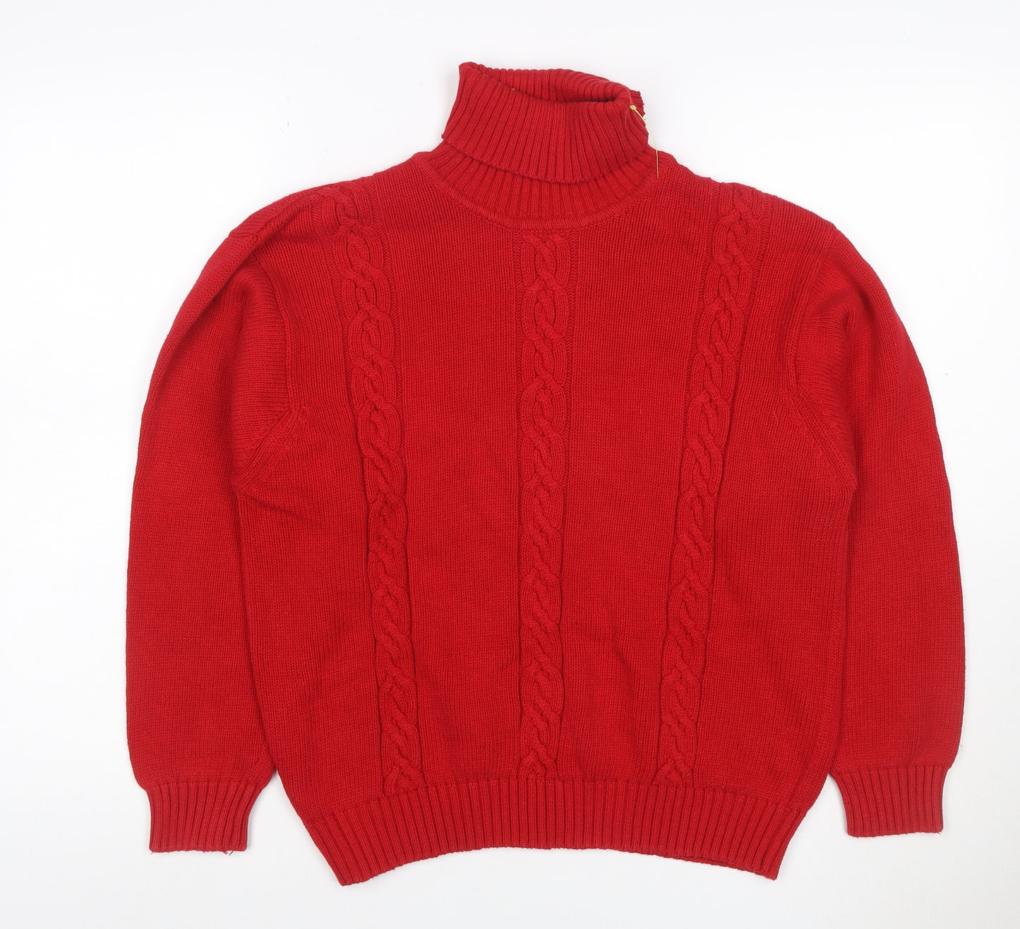 Talbots Women Red Petite L Cable Knit Roll Neck Cotton Jumper